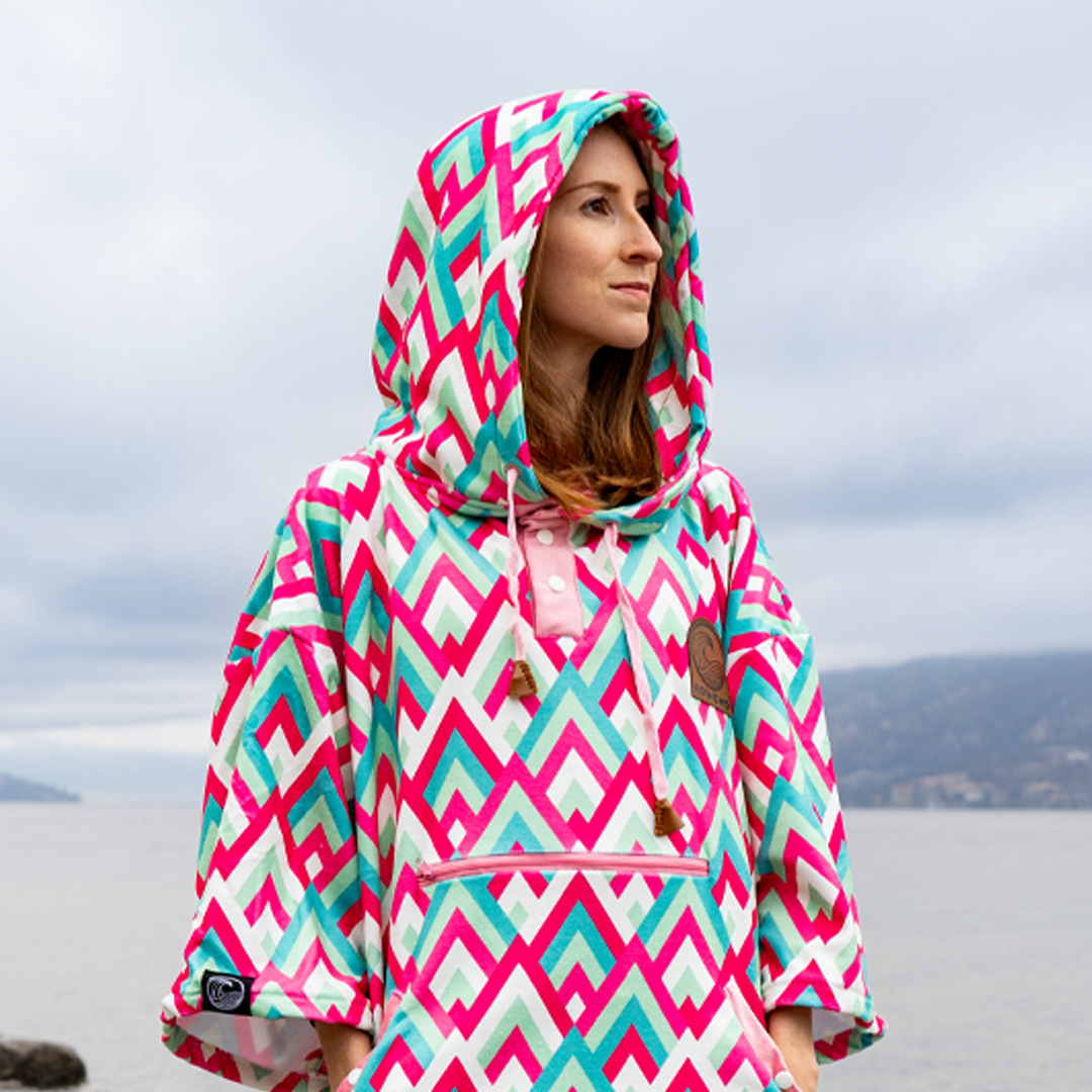 Close up of a women in changing poncho 