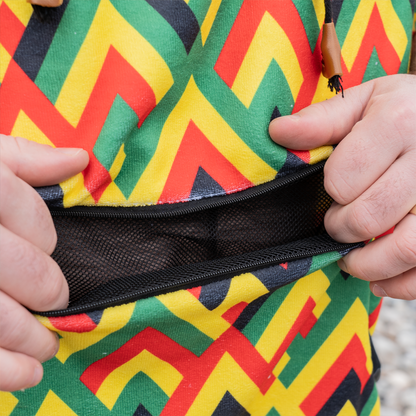 Close up photo of zipper pocket on the flowcho poncho